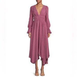 GIANNI BINI Shay Low Cut Pleated Midi Dress Long Sleeve Mauve Purple Sz 2 4 New